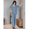 Pigiama in modal blu a righe per donna con maniche corte e pantaloni lunghi - S / Blu