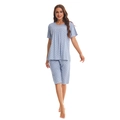 Women's summer cotton pajamas set featuring a light blue short sleeve floral print top and shorts - Blue Floral