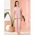 Women's pajama set featuring short sleeves and long pants in pink and blue plaid - L / Short Sleeve Lace Collar Cardigan Top + Long Pants Set / Pink Plaid Lace Collar (PN2007)