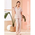 Women's pink plaid pajama set with short-sleeved notched collar top and long trousers - Pink and Black Plaid