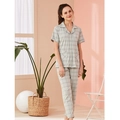 Women's summer light green plaid pajama set with short sleeve shirt and long pants - L / Short Sleeve Lapel Button Top + Long Pants Set / Light Green Fine Plaid (PN2012)