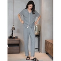 Dames gestreepte modal pyjamaset in donkergrijs met shirt met korte mouwen en lange broek - S / donkergrijs