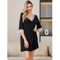 Nuisette noire en coton Modal pour femme avec col en V en dentelle et manches amples - M / Noir et Blanc