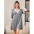 Relaxed modal cotton nightdress in grey with elegant white lace trim on V-neck and sleeves - Heather Grey
