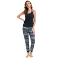 Women's two-piece pajama set with black tank top and colorful ethnic print joggers - M / Top And Bottom / Dark Blue Floral