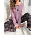 Lilac ribbed knit top with buttons and pink plaid pajama pants set for women - S / Purple
