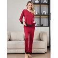 Lace-trimmed modal cotton loungewear set in dark red with long sleeves and pants - S / Wine Red
