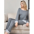 Women's grey modal cotton pajama set with elegant white lace trim on sleeves and cuffs - S / Gray