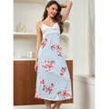 Light blue floral slip nightdress with lace trim in a comfortable mid-length style - M / Pale Green - Long Style