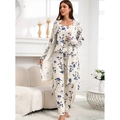 Driedelige bloemen pyjamaset voor dames met topje, broek en bijpassende badjas - S / Beige