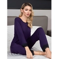 Deep purple modal cotton pajama set with elegant black lace trim on sleeves and pants - S / Dark Purple