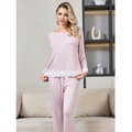 Pink modal cotton long sleeve pajama set with delicate white lace trim for women - Dusty Pink