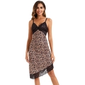 Sexy leopard print ice silk nightgown with delicate black lace trim and V-neckline - Coffee Leopard (8917)