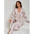 Set pigiama 3 pezzi floreale in cotone con vestaglia e pantaloni colore beige - S / Albicocca