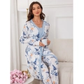 Pigiama donna 3 pezzi in cotone con vestaglia floreale, pantaloni e canotta blu - S / Zircone Blu Chiaro