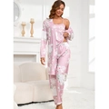 Set pigiama tre pezzi in raso floreale rosa con vestaglia, canotta e pantaloni lunghi - S / Rosa Antico