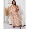 Women's flannel hooded star print bathrobe in dusty rose pink with soft texture - XL / Khaki