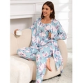 Three-piece light blue floral pajamas set with camisole, pants, and long-sleeved robe - K9010-Sky Blue