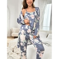 Women's 3-piece floral sleepwear set with camisole, pants, and robe in grey-blue - Light Gray