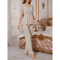 Set loungewear beige in maglia a coste con top a portafoglio e bordi in pizzo - S / Albicocca