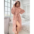 Pink oversized plush fleece bathrobe with hood and belt for winter warmth - S / Pink(FL5228)