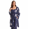Ensemble pyjama 3 pièces femme en coton fleuri avec débardeur, pantalon et peignoir bleu - S / Bleu foncé