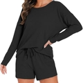 Damen Schlafanzug-Set aus schwarzem Waffelstrick mit Langarm-Oberteil und Kordelzug-Shorts - Schwarz
