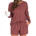 Damen Schlafanzug-Set aus Waffelstrick in Ziegelrot mit Langarmshirt und kurzen Shorts - Rotbraun