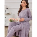 Conjunto de pijama minimalista lavanda para mujer con bata de punto suave y pantalones - S / Set de 3 piezas / Morado