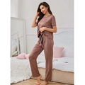 Ensemble pyjama femme 3 pièces marron chiné avec haut col en V et pantalon à cordon - S / Café