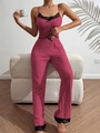Detail van donkerroze geribbelde loungewear set met zwart kant en strikdecoraties - S / Rozerood