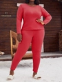Detail of soft brick red thermal sleepwear set with long-sleeved top and tight pants - XL / Red