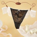 Sexy black mesh thong for women with white polka dot lace ruffles and ribbon bow - M / Black Polka Dot (NK5084)