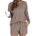 Damen Waffelstrick Lounge-Set mit langärmligem Oberteil und Shorts in erdiger Taupe-Farbe - Hellbraun