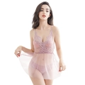 Pale pink lace babydoll lingerie set with sheer mesh and criss-cross back straps - One Size / Dust Rose