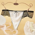 String sexy noir et blanc en mesh à pois avec nœud délicat et bords à volants en dentelle - M / Pois Blancs (NK5084)
