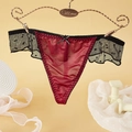 String sexy taille basse pour femme en satin rouge et dentelle noire avec motif à pois - M / Pois Rouge Vin (NK5084)