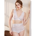Elegante conjunto de lencería de encaje blanco con braga de talle alto y sujetador en V - S / Blanco
