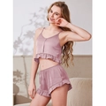 Conjunto de pijama de satén rosa palo con tirantes finos y detalle de volantes - S / Malva Oscuro