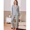 Pyjama deux pièces pour femme en gris clair avec bordure rose et haut boutonné à manches - M / Gris Chiné
