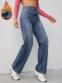 Detail of high-waisted wide-leg jeans in washed blue with warm fleece thermal lining - XXS / Vintage Dark Blue
