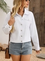 Close-up of white denim jacket featuring classic collar and functional flap pockets - XS / White