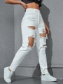 Jean blanc taille haute pour femme avec déchirures et coupe large style streetwear - Blanc