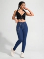 Detail of high waisted skinny jeans featuring silver metal chains and stretch fabric - XXS / Dark Blue