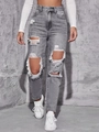 Detailed view of high-waist straight jeans with large distressed rips and acid wash finish - XS / Light Gray