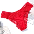 Elegant red lace thong for women with delicate floral embroidery and bow detail - One Size / NK1542 Style (NK1542-大红) / Red