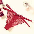 Sexy red lace strappy thong featuring floral patterns and metallic buckle detail - One Size / NK1365 Style (NK1365-酒红色) / Burgundy