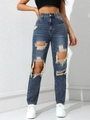 Close-up of high waist straight jeans featuring heavy distressed and ripped knee details - Dark Grey Blue