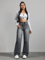 Inquadratura intera di jeans a vita alta a gamba larga in denim grigio lavato stile casual - Grigio Antico