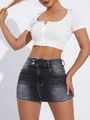 Women's white ribbed crop cardigan paired with high-waist grey wash denim mini skirt - Light Gray